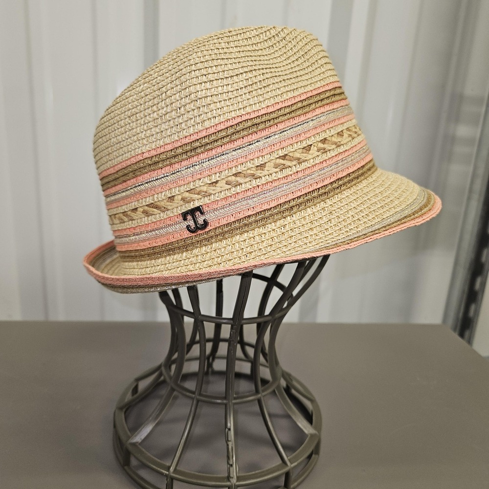 Callanan Resort Hat Fedora Womens One Size Tan Pink Striped Braided Summer Beach - Picture 5 of 9